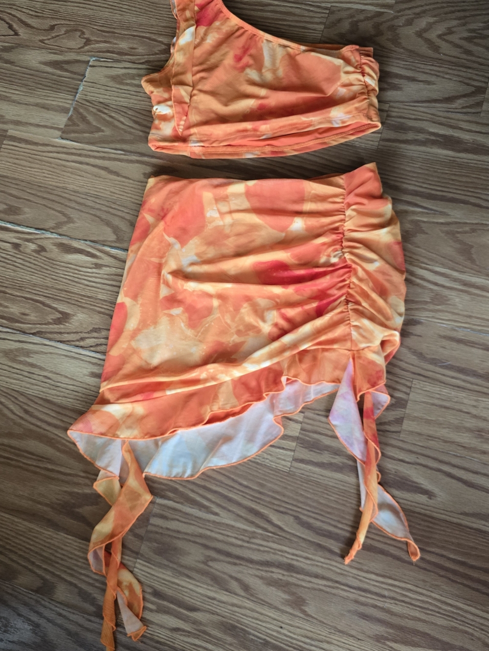 Orange Two Piece Set One Shoulder Crop Top & Ruched Skirt Co-Ord